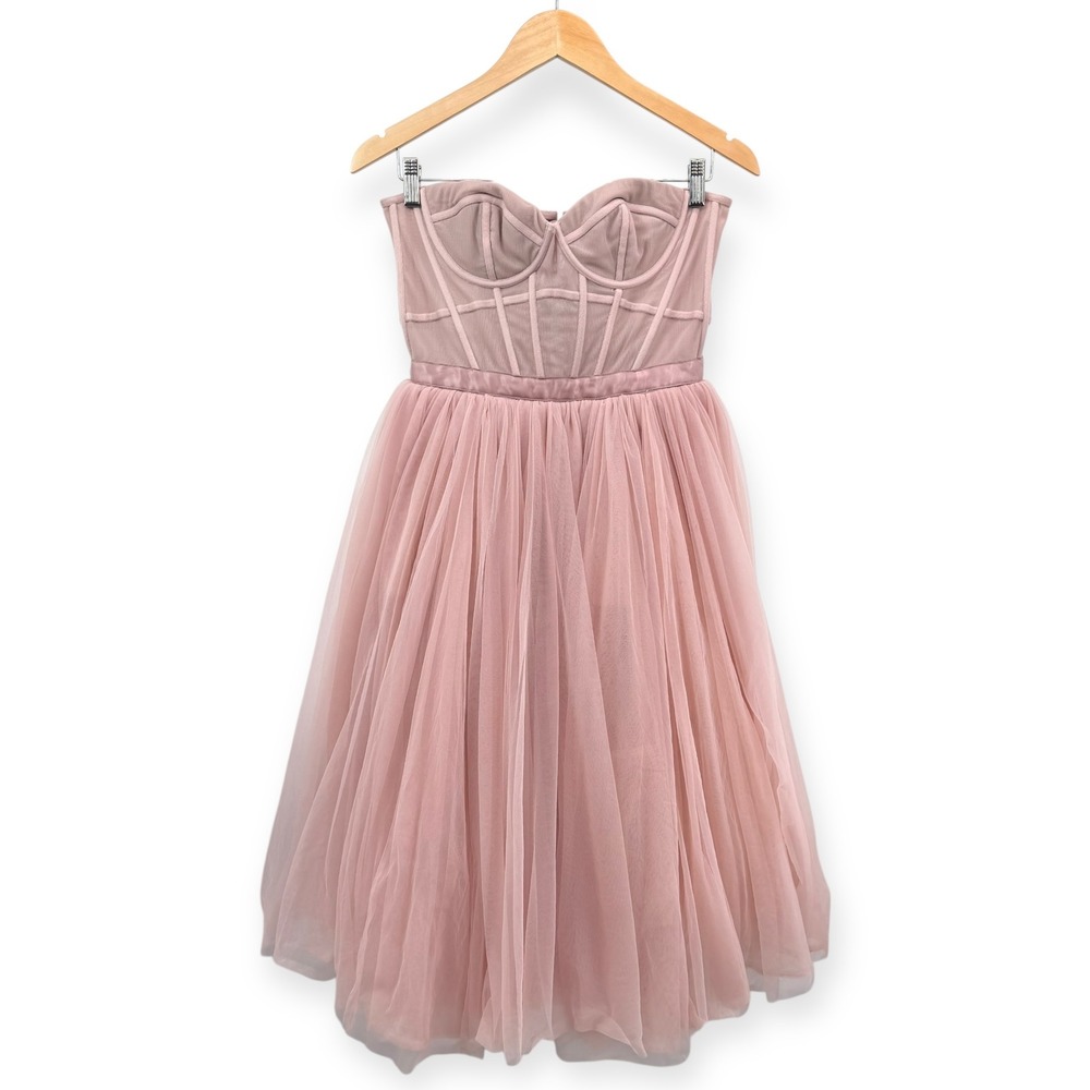 House of CB Darling French Rose Tulle Strapless Midi Dress - Size Medium - Picture 6 of 16